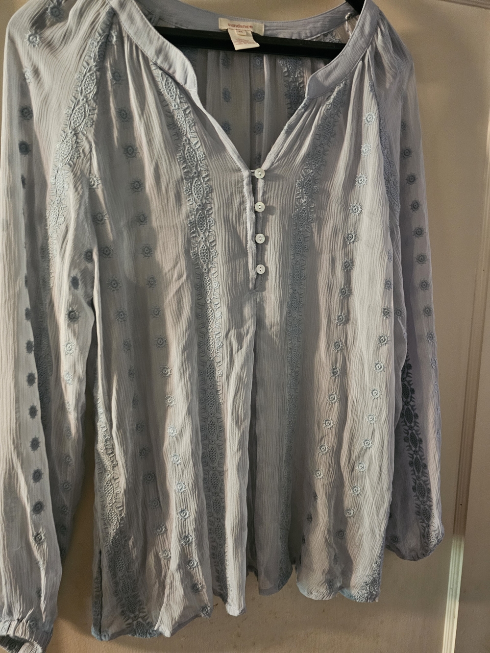 RVSundance Light Blue Embroidered Henley Peasant Blouse, Sz. M, 100 % Silk